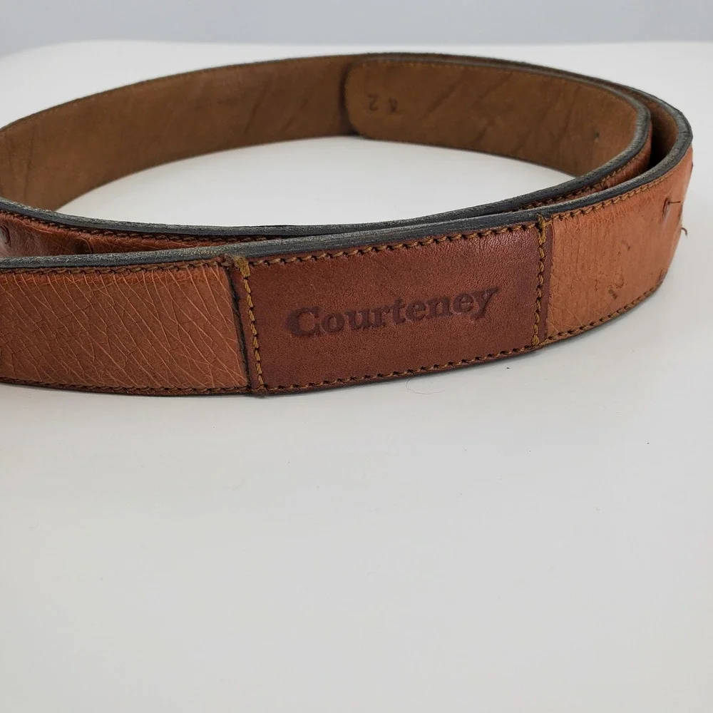 Courteney Men's Ostrich Leather Belt Tan Cognac Brass Buckle Size 42 Safari